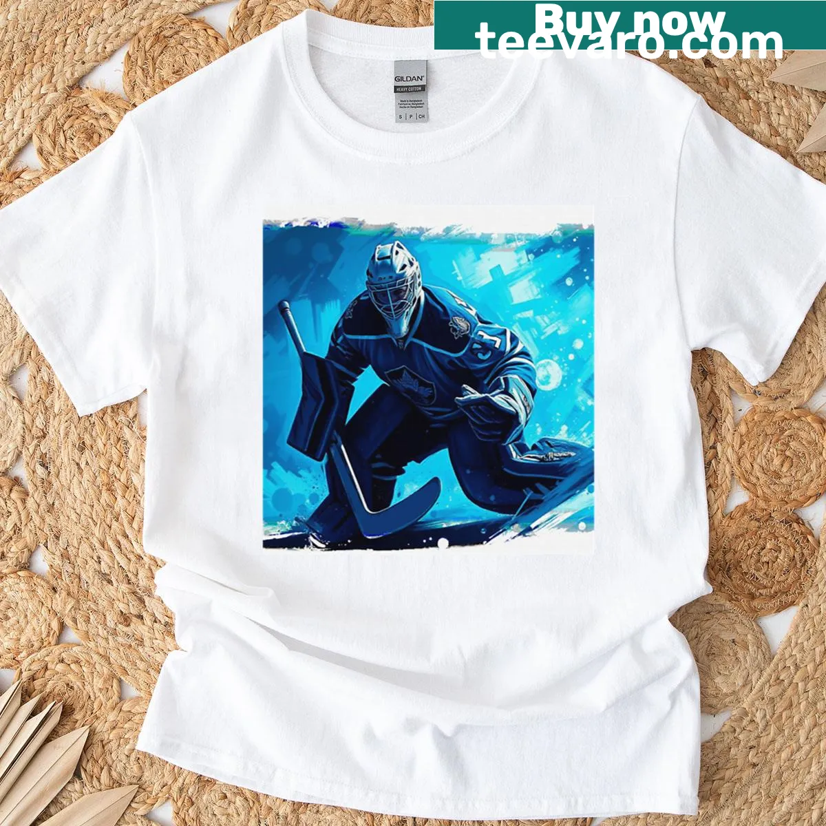 Cartoon ice hockey goalie t-shirt showcasing action on the ice — on a men's t-shirt
