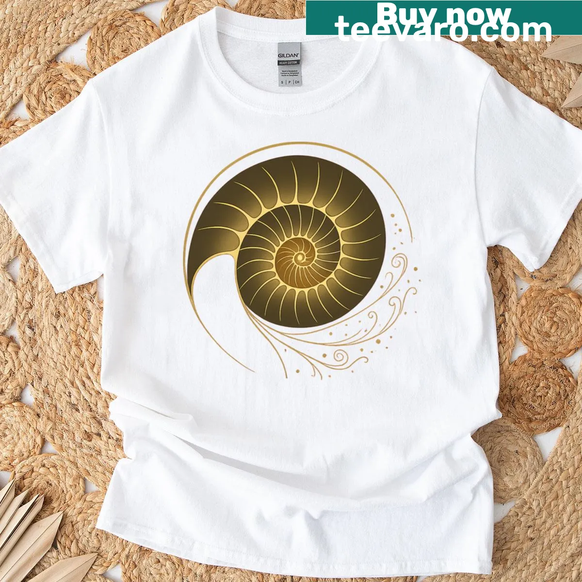 Golden Fibonacci Spiral design on a math art t-shirt — on a men's t-shirt