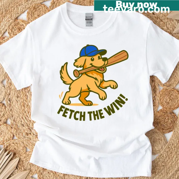Cartoon golden retriever playing baseball on a T-shirt