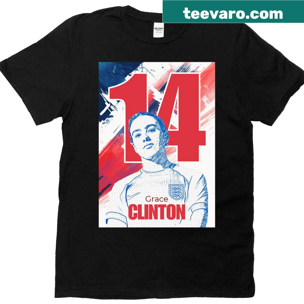 Athlete t-shirt featuring Grace Clinton and the number 14 in bold typography. — on a men's t-shirt