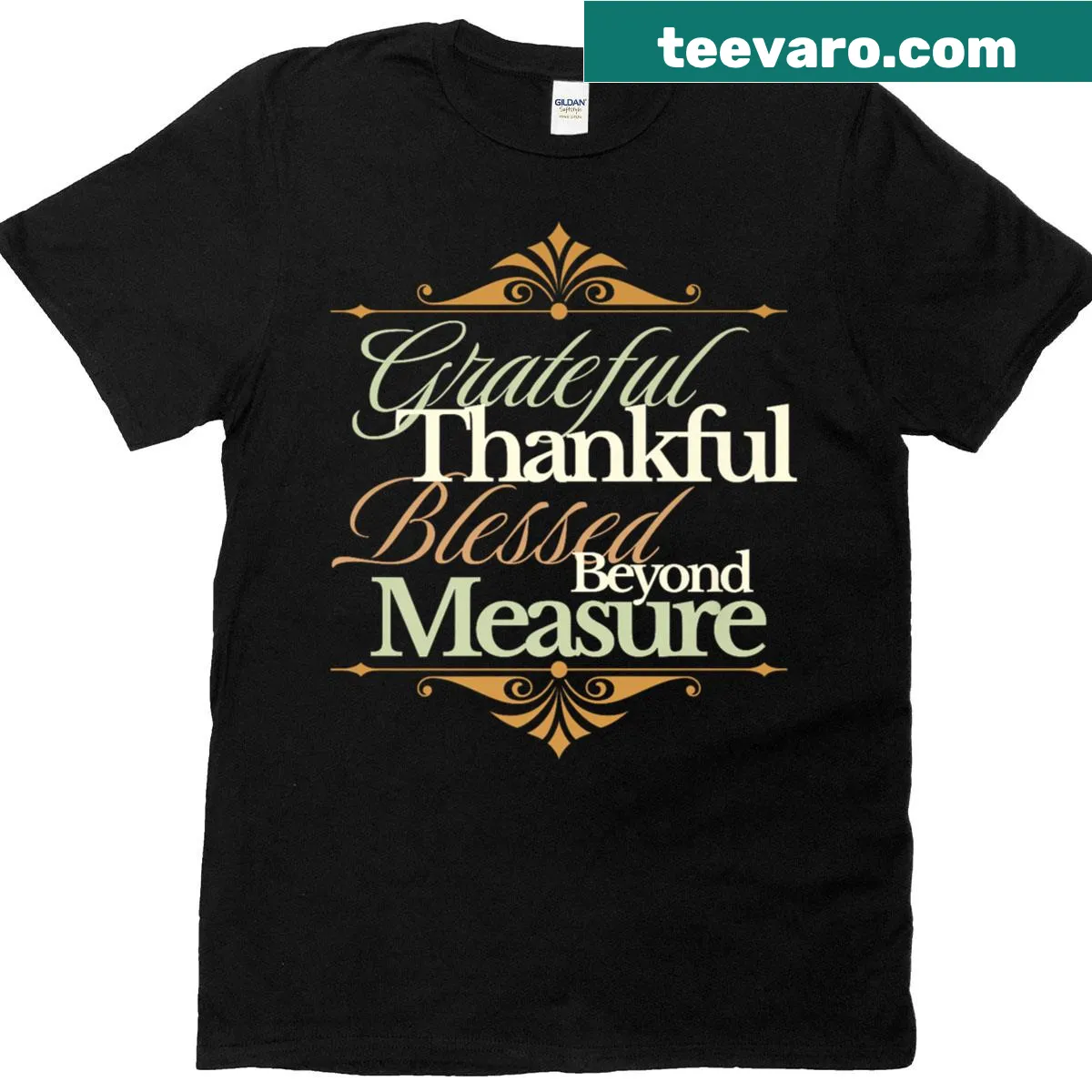 Inspirational T-shirt with 'Grateful Thankful Blessed Beyond Measure' text — on a men's t-shirt