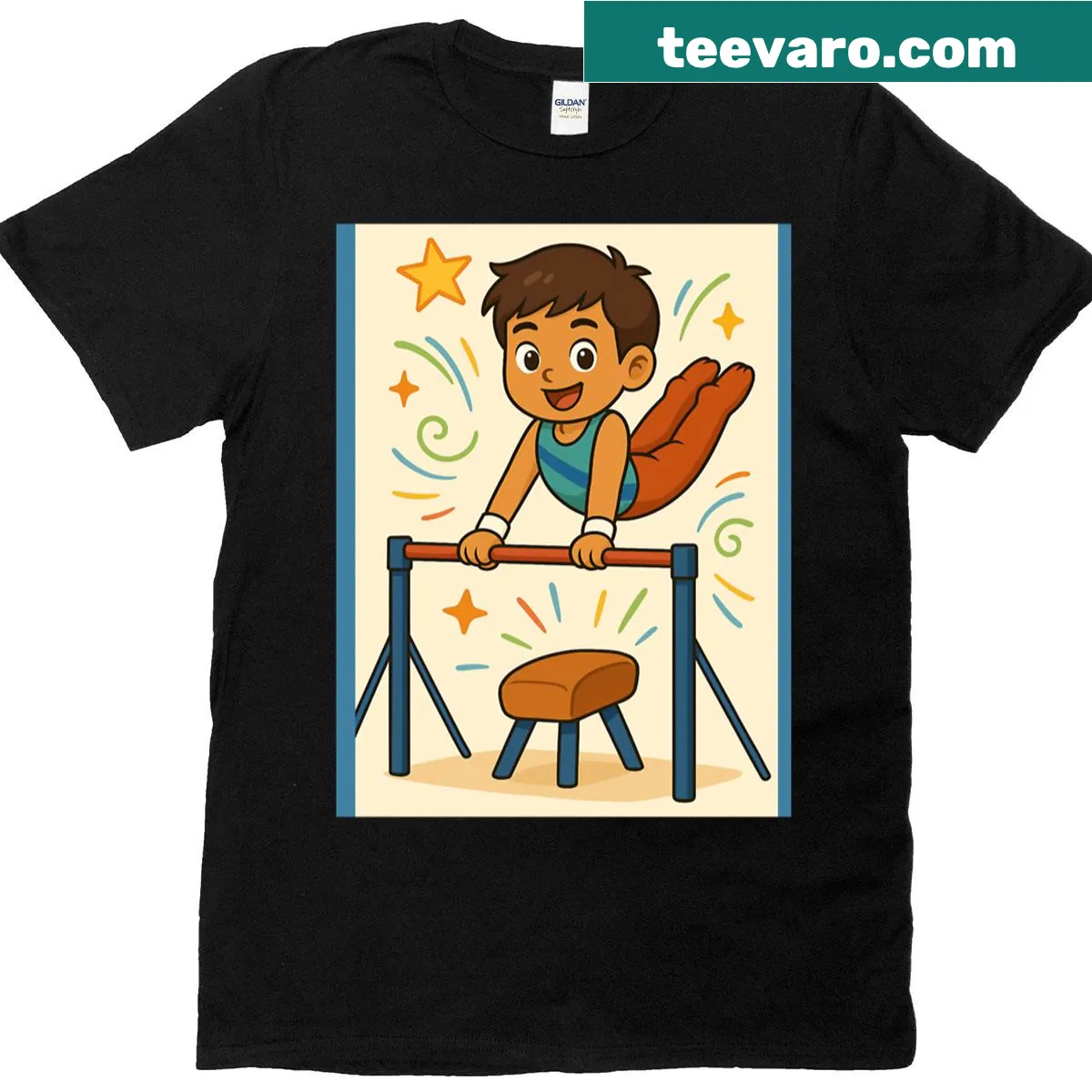 Cute cartoon of Alex on parallel bars for gymnastics fans — on a men's t-shirt