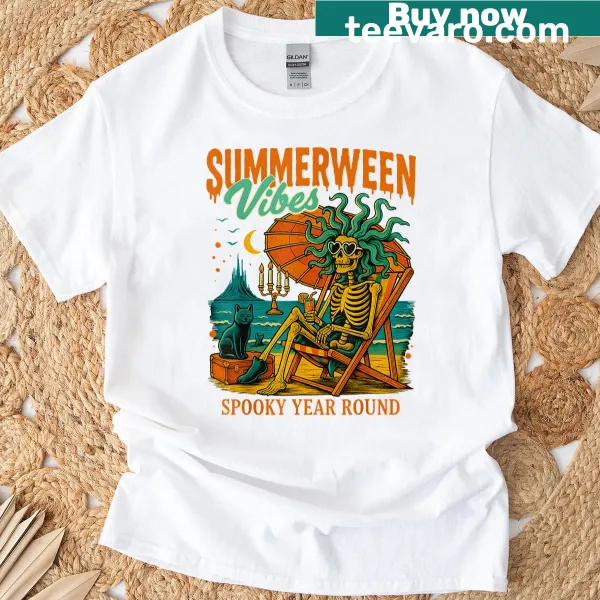 Skeleton beach girl graphic on a playful Halloween-themed t-shirt