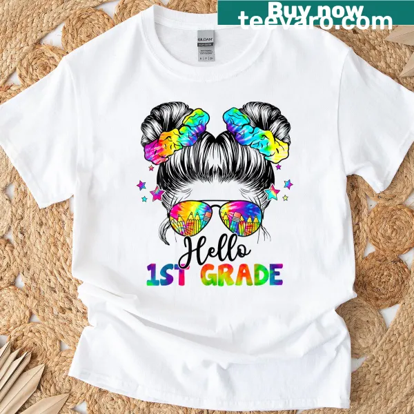 Graphic of a girl with messy hair bun and 'Hello 1st Grade' text
