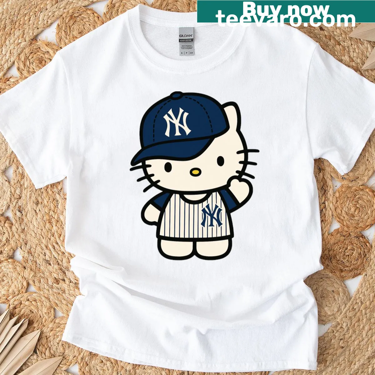 Cat-themed Yankees T-shirt with playful design — on a men's t-shirt