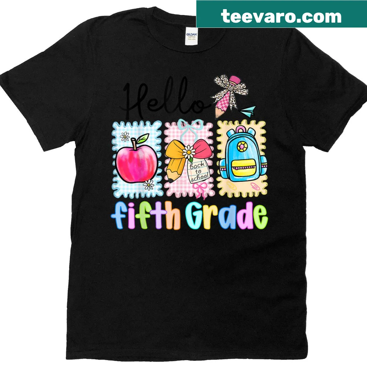Hello Fifth Grade T-shirt with pencil and bow design for kids — on a men's t-shirt