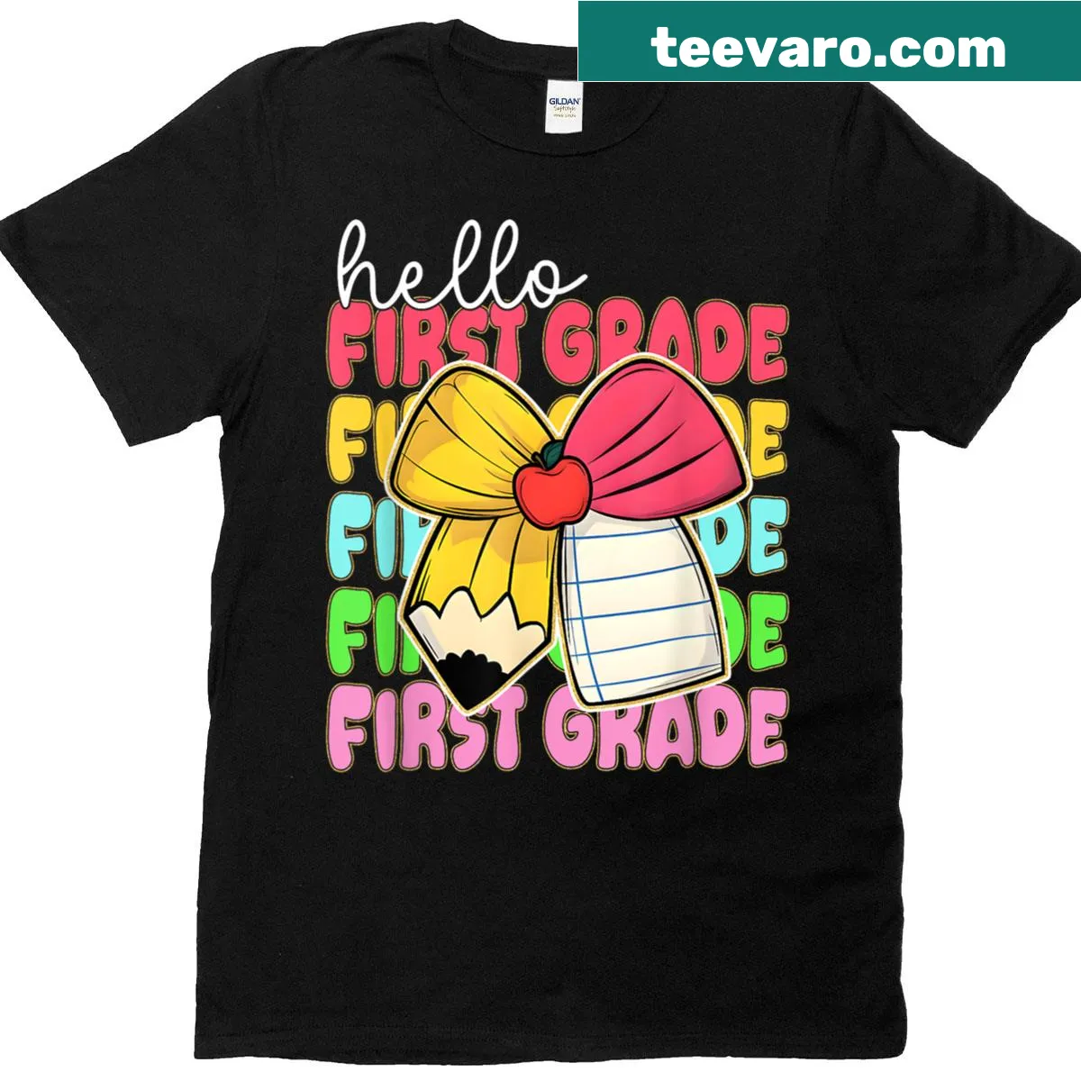 Cute first grade teacher pencil design with bow for back-to-school T-shirt. — on a men's t-shirt