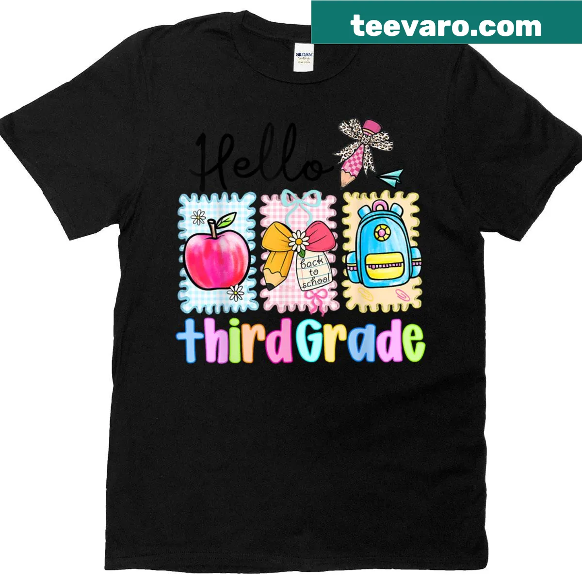 Kids t-shirt with 'Hello Third Grade' pencil graphic and bow — on a men's t-shirt