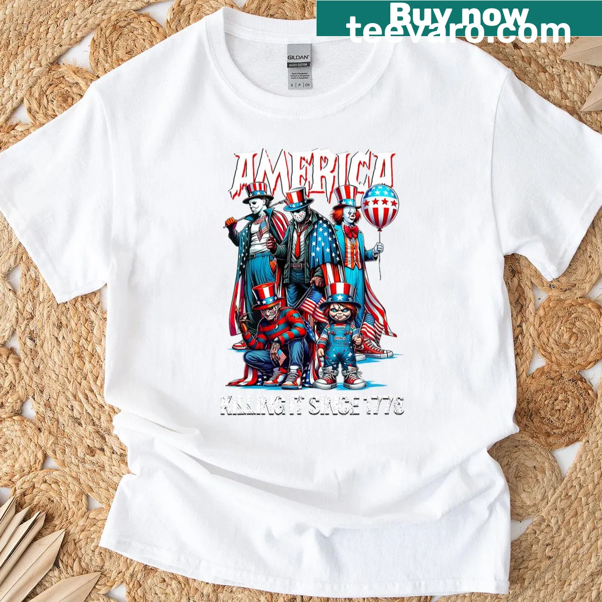Funny patriotic t-shirt with horror-themed design — on a men's t-shirt