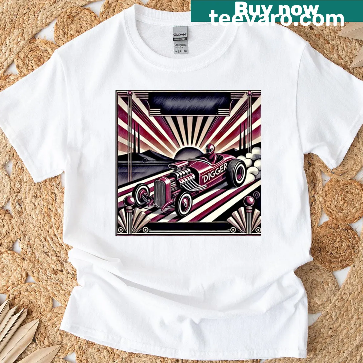 Dramatic design of a red hot rod with lightning on t-shirt — on a men's t-shirt