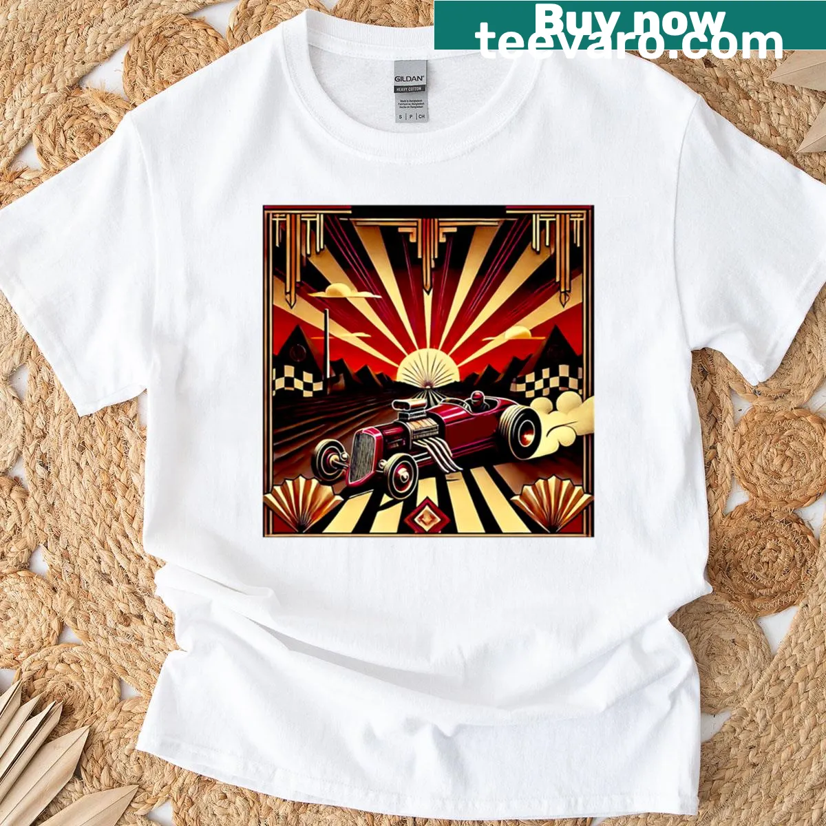 Oversized t-shirt with a vintage hot rod graphic and bold text — on a men's t-shirt