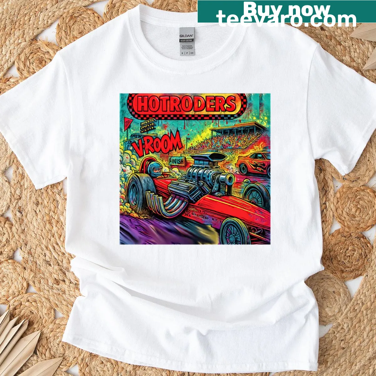 T-shirt featuring an illustration of a hot rod car — on a men's t-shirt