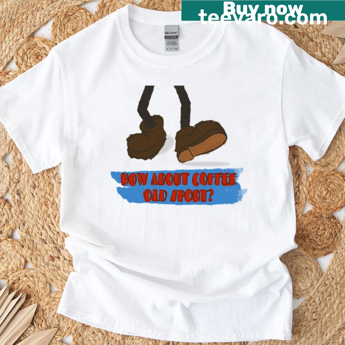 Oversized t-shirt with the phrase 'How About Coffee Old Sport' — on a men's t-shirt