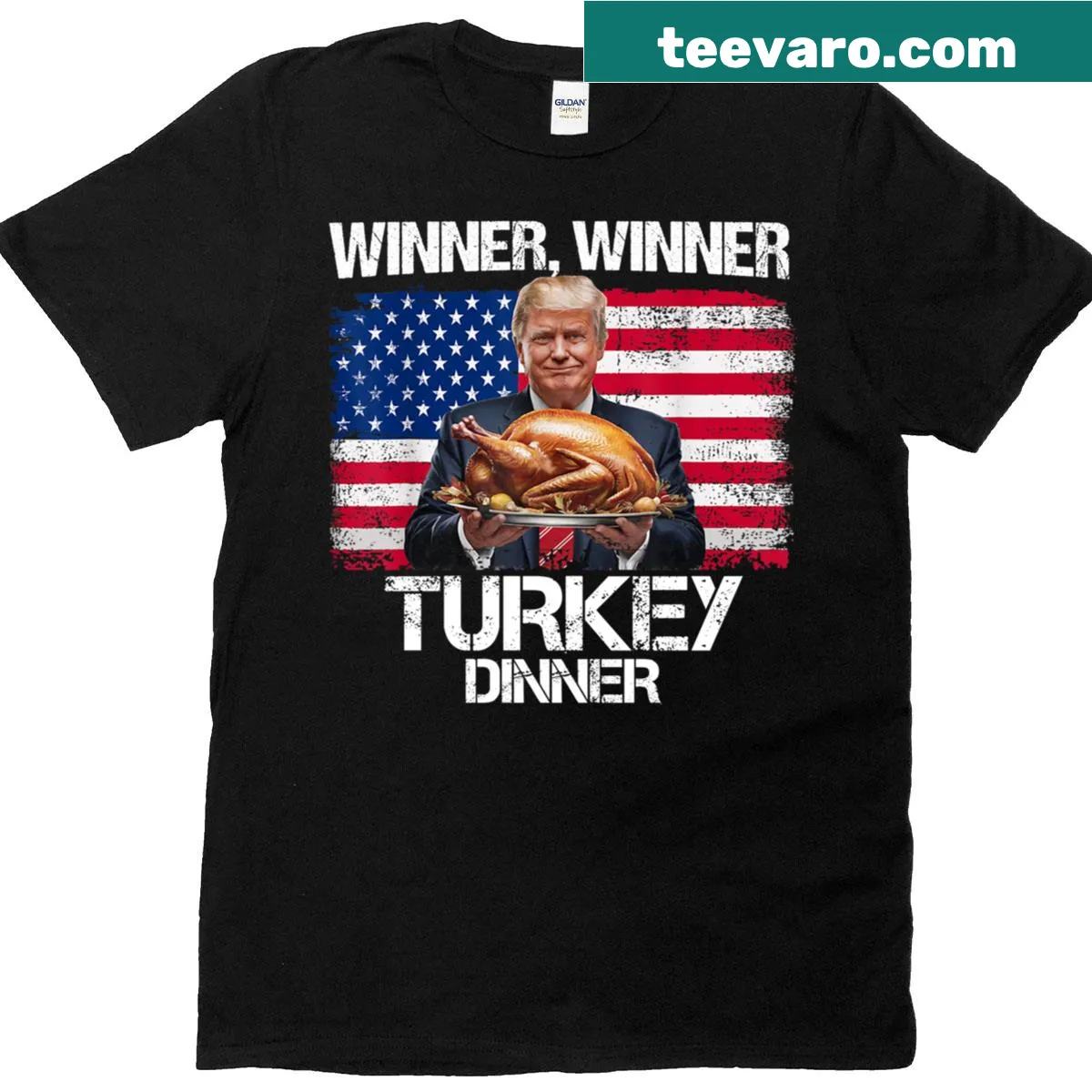 Funny Thanksgiving t-shirt with text 'Winner Winner Turkey Dinner' — on a men's t-shirt