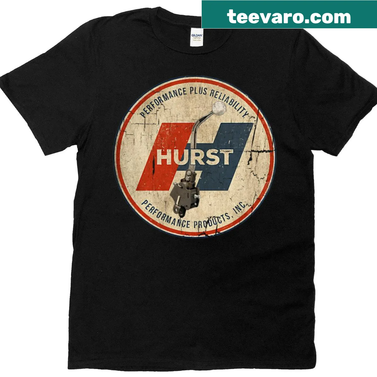 Minimalist tee with Hurst Performance logo badge — on a men's t-shirt