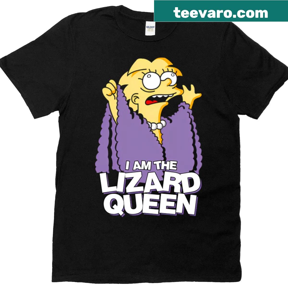 Playful Lizard Queen t-shirt with whimsical typography — on a men's t-shirt