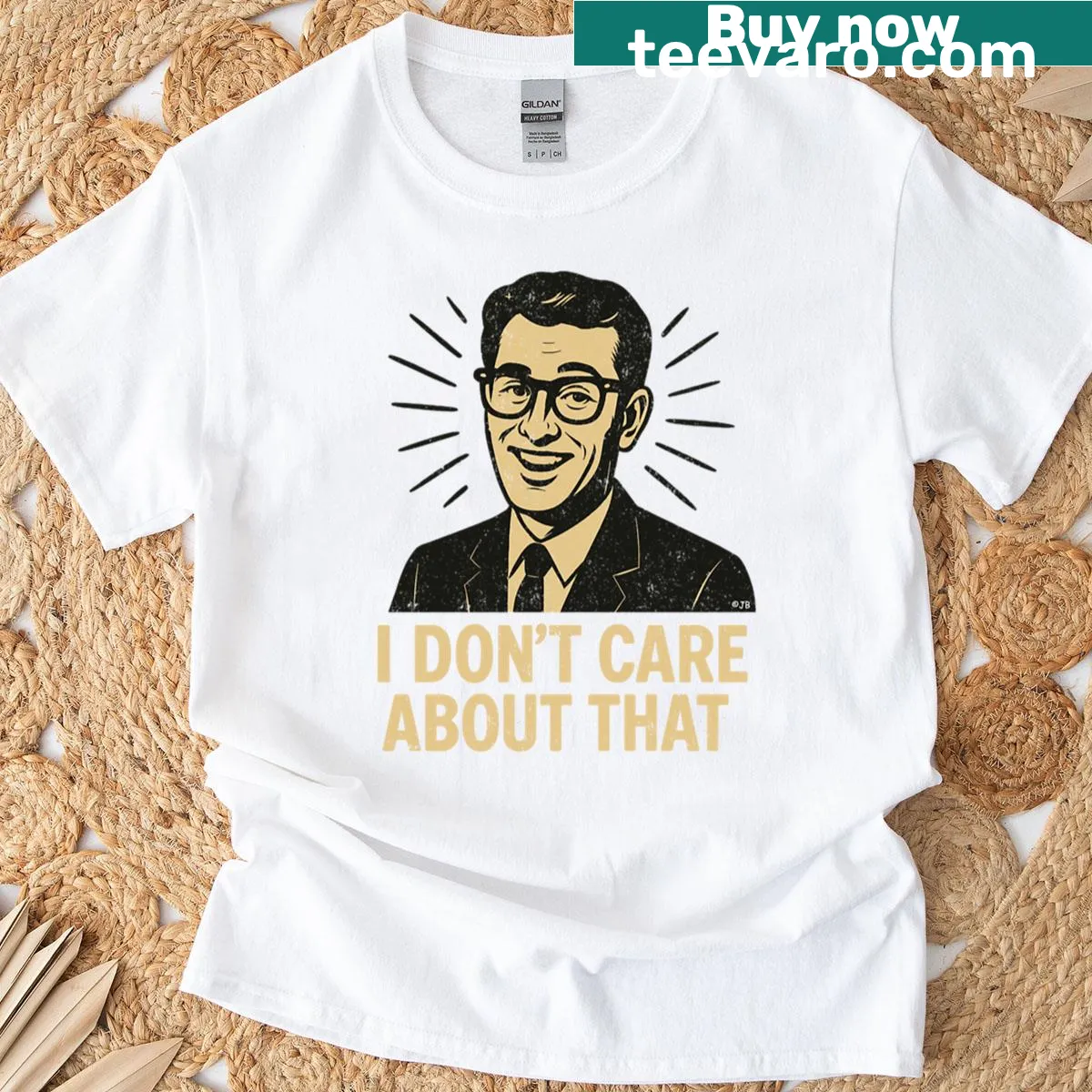 Oversized t-shirt with bold retro text declaring indifference — on a men's t-shirt