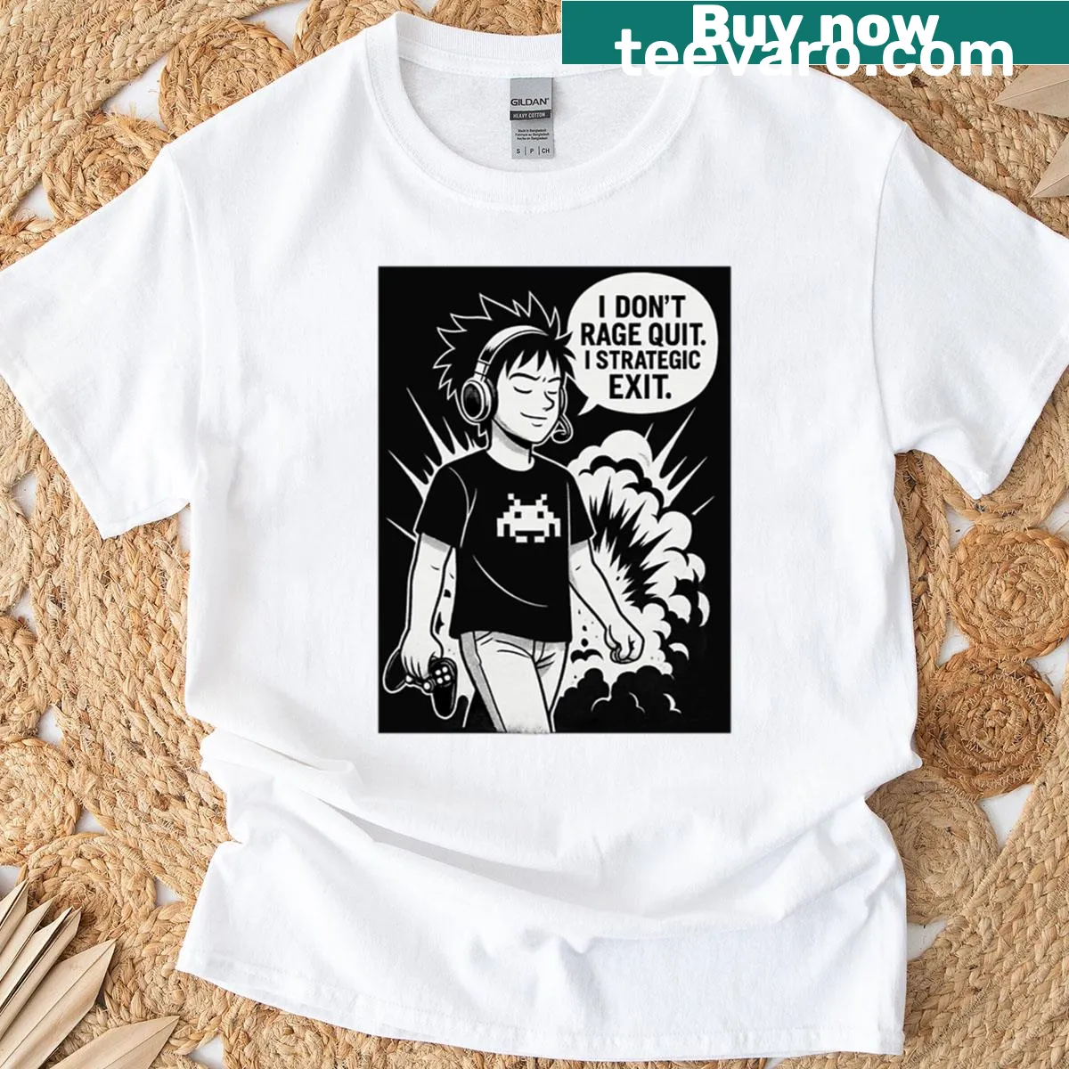 Gaming T-shirt with manga graphics and a humorous phrase about quitting — on a men's t-shirt