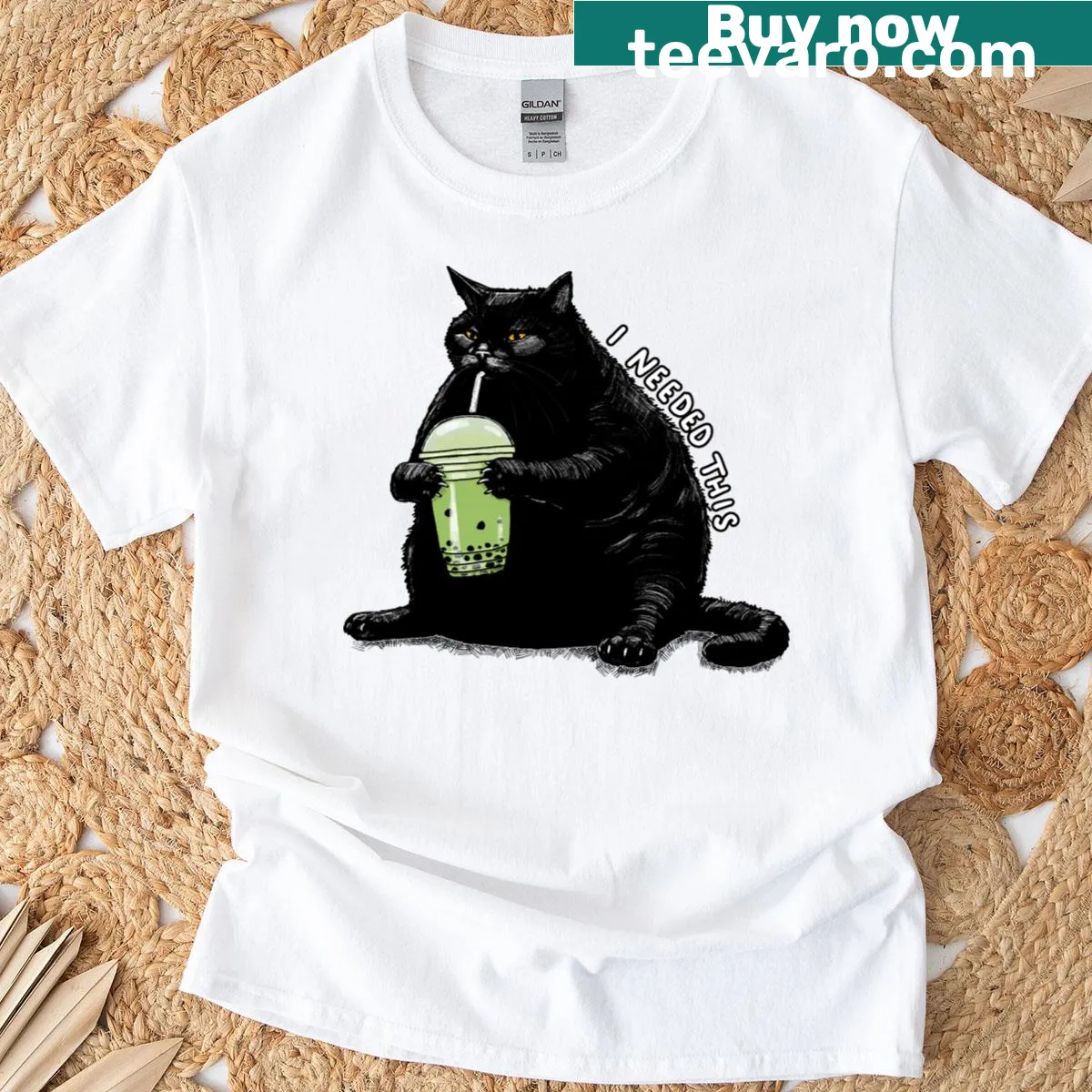 Cartoon chonky cat enjoying matcha boba on t-shirt — on a men's t-shirt