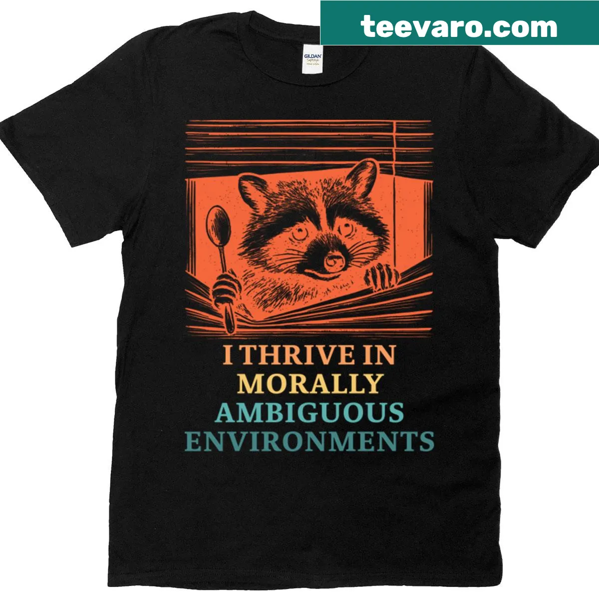 Retro T-shirt with a raccoon design and the quote about morally ambiguous environments — on a men's t-shirt