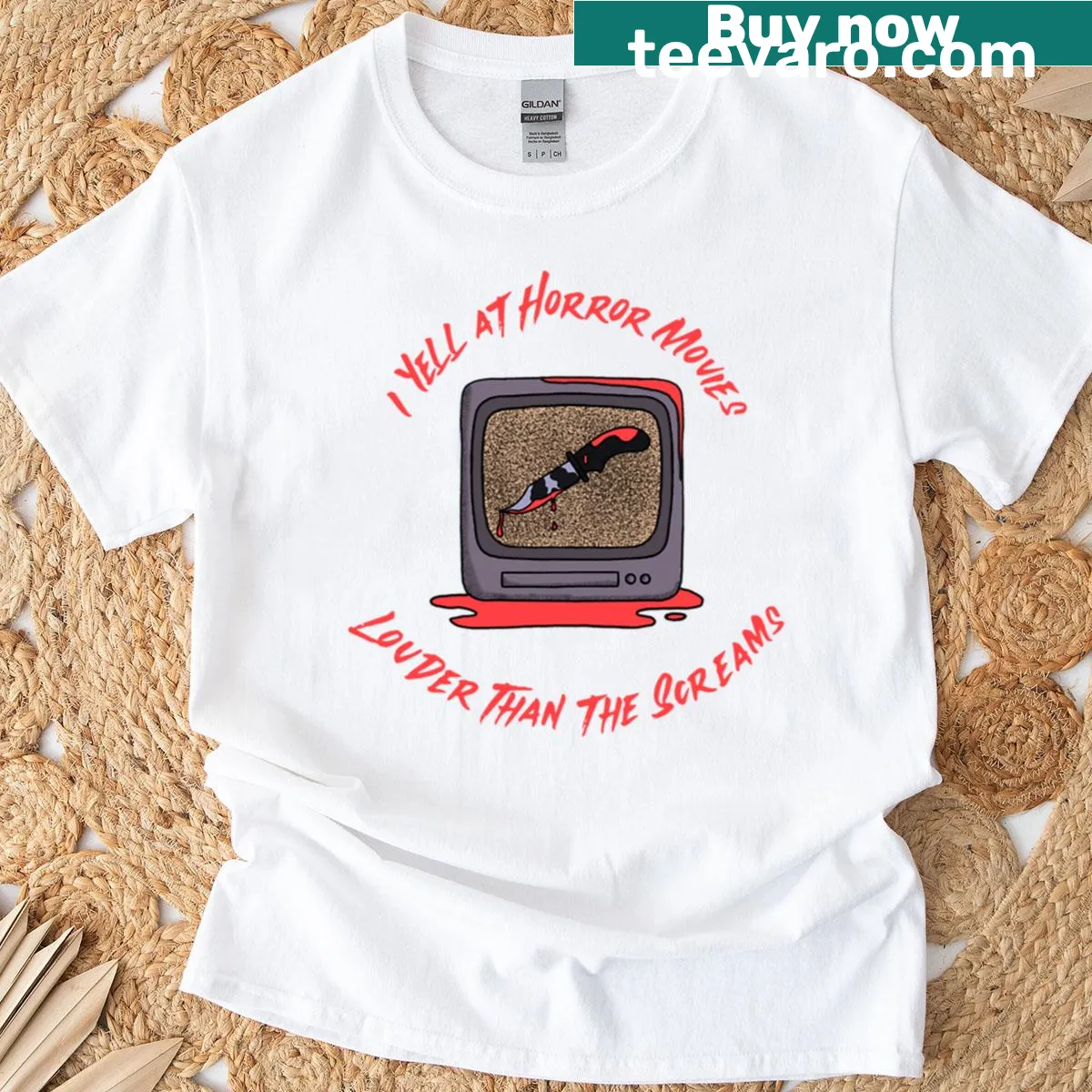 Graphic t-shirt with bloody knife and TV static text for horror fans — on a men's t-shirt