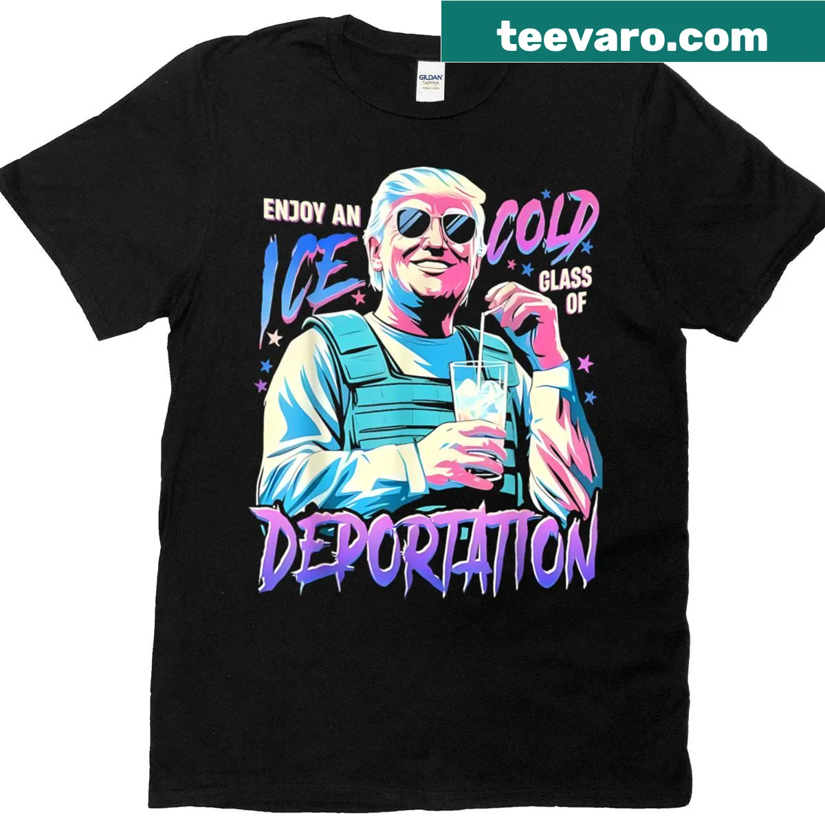 Humorous t-shirt with edgy text about deportation — on a men's t-shirt