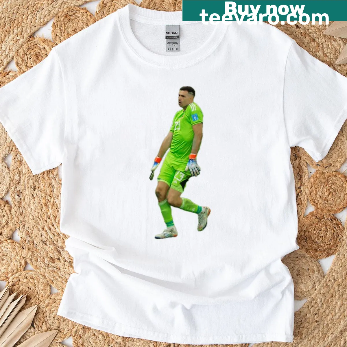Football-themed shirt featuring a goalkeeper celebration graphic — on a men's t-shirt