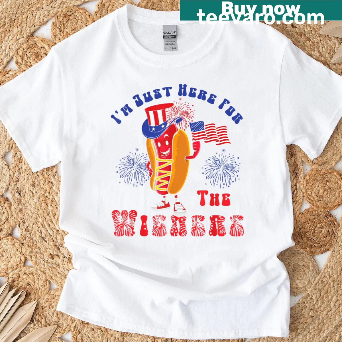 Patriotic t-shirt with hotdog design for Fourth of July — on a men's t-shirt