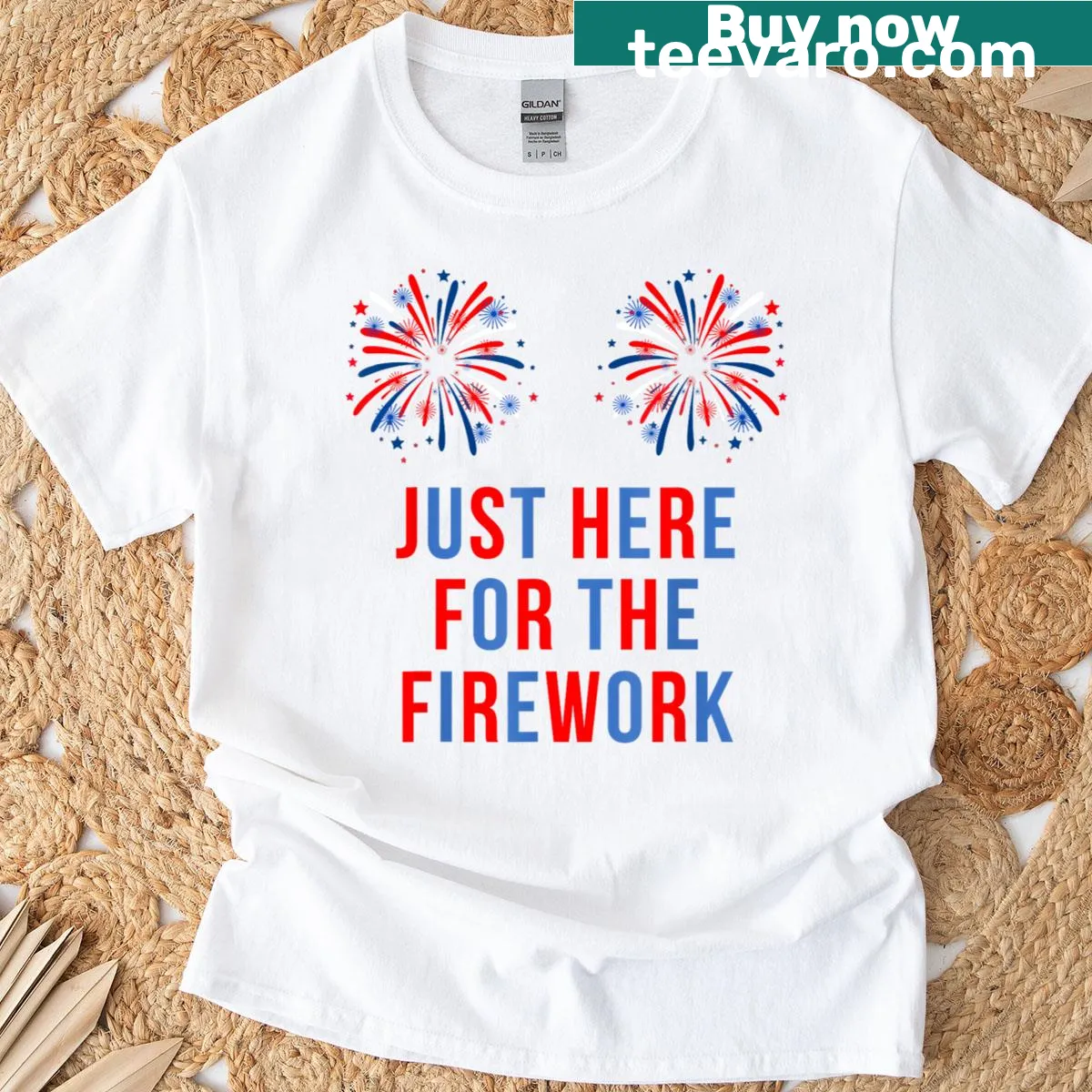 Funny couple shirt for Fourth of July featuring fireworks theme — on a men's t-shirt