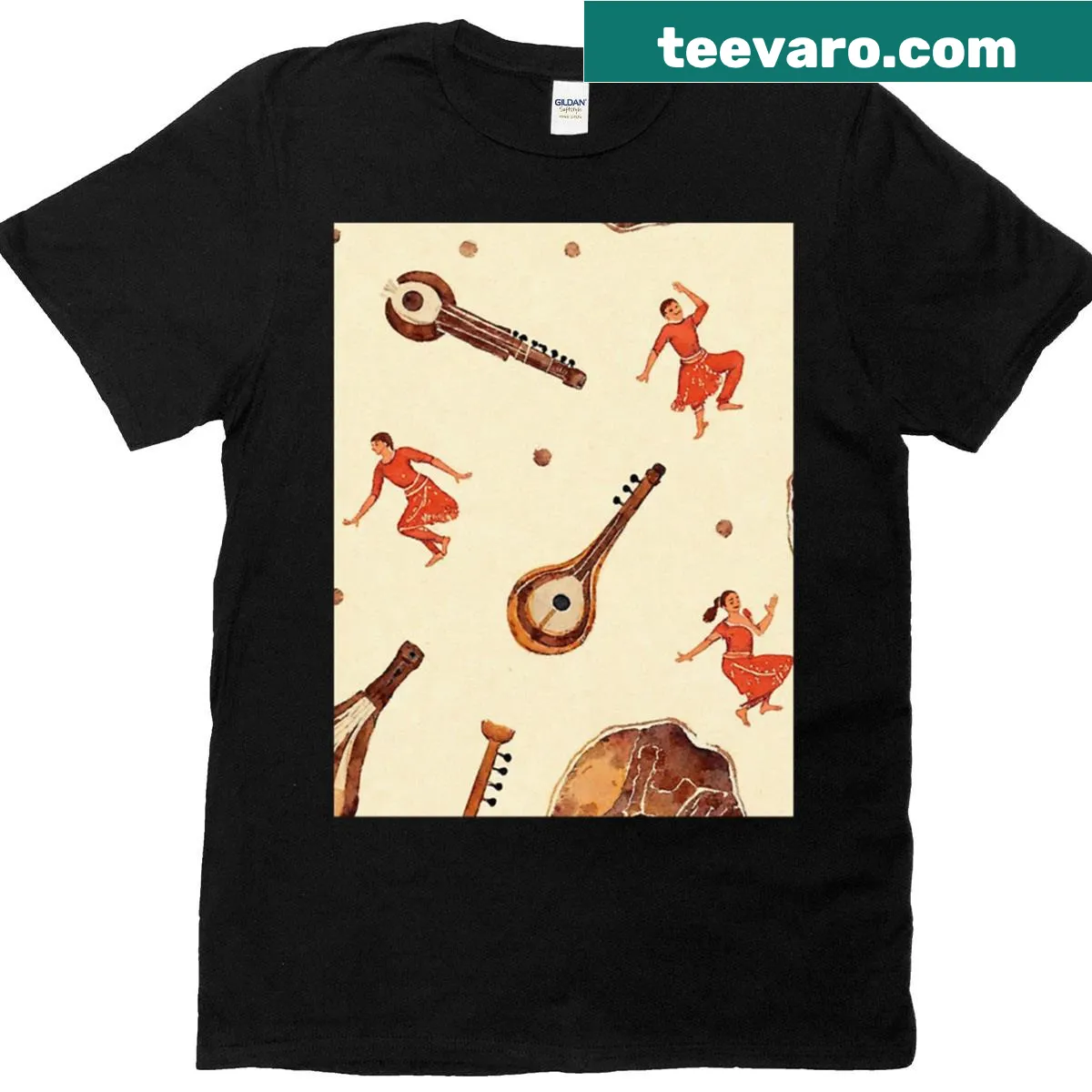 Watercolor pattern celebrating Indian classical music and dance — on a men's t-shirt