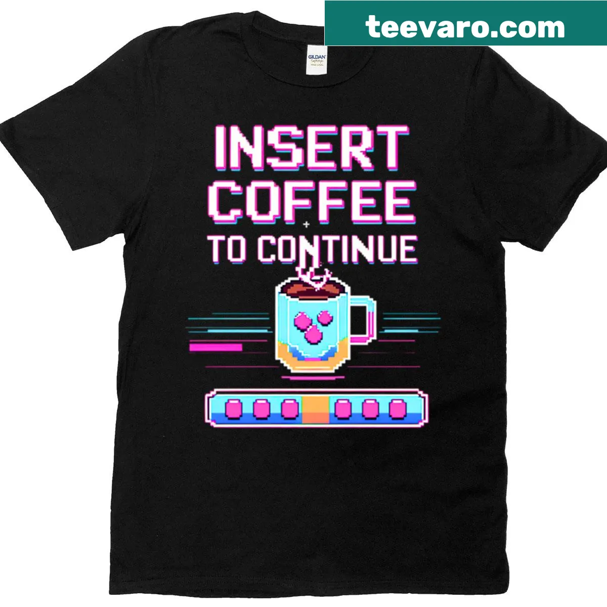 Oversized t-shirt with funny coffee pixel art for gamers — on a men's t-shirt