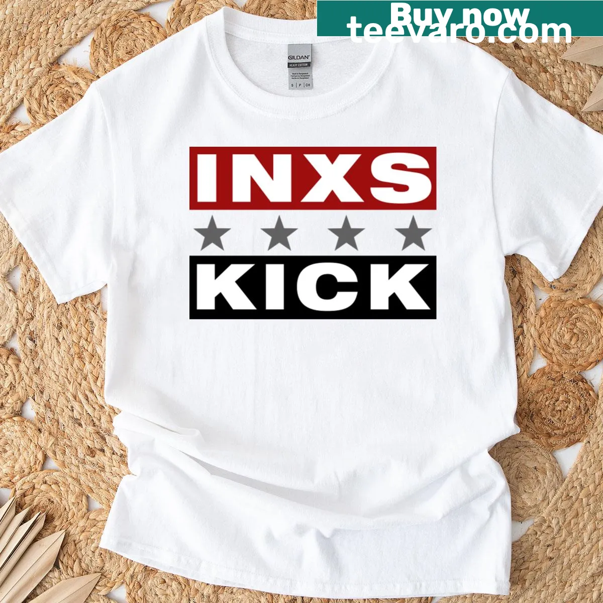 Distressed graphic of INXS Kick album logo — on a men's t-shirt
