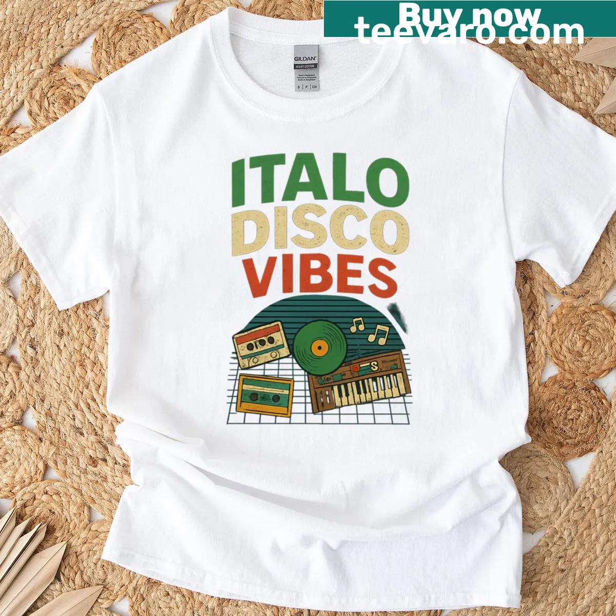 Retro-style t-shirt celebrating Italo disco music — on a men's t-shirt