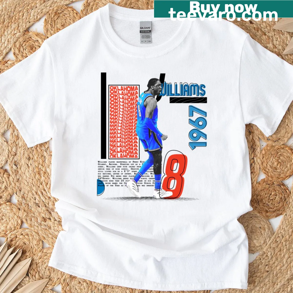Illustration of basketball player J Williams on a T-shirt — on a men's t-shirt