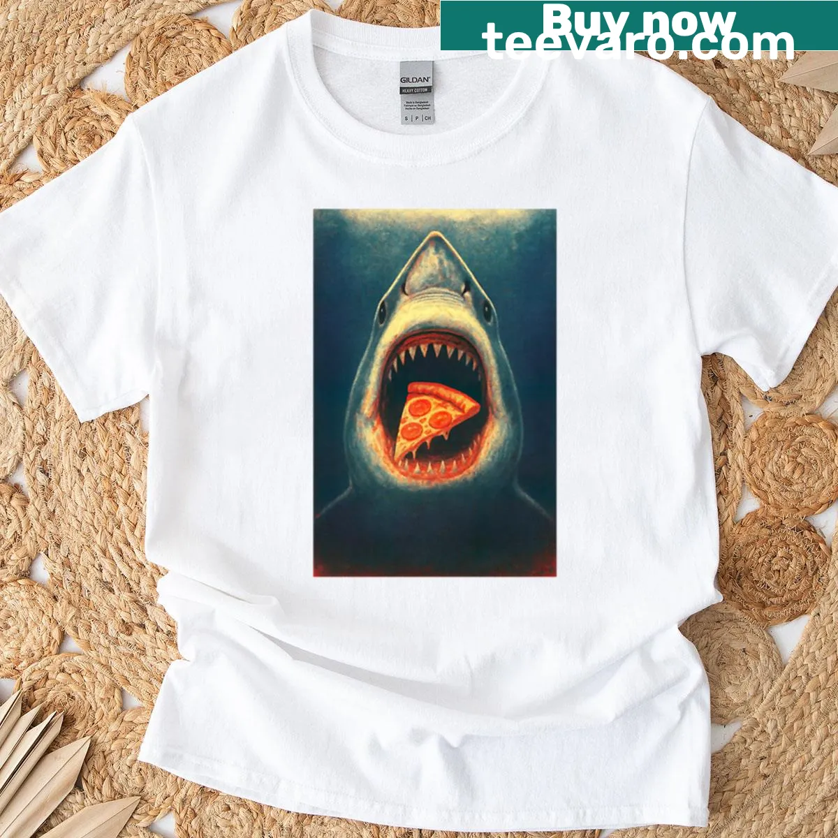 Cartoon graphic of Jaws themed pizza attack on a T-shirt — on a men's t-shirt