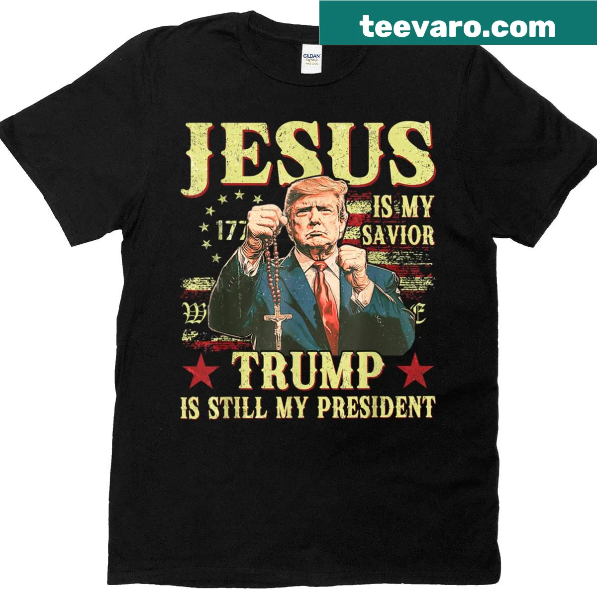 T-shirt featuring bold text about faith and political beliefs — on a men's t-shirt