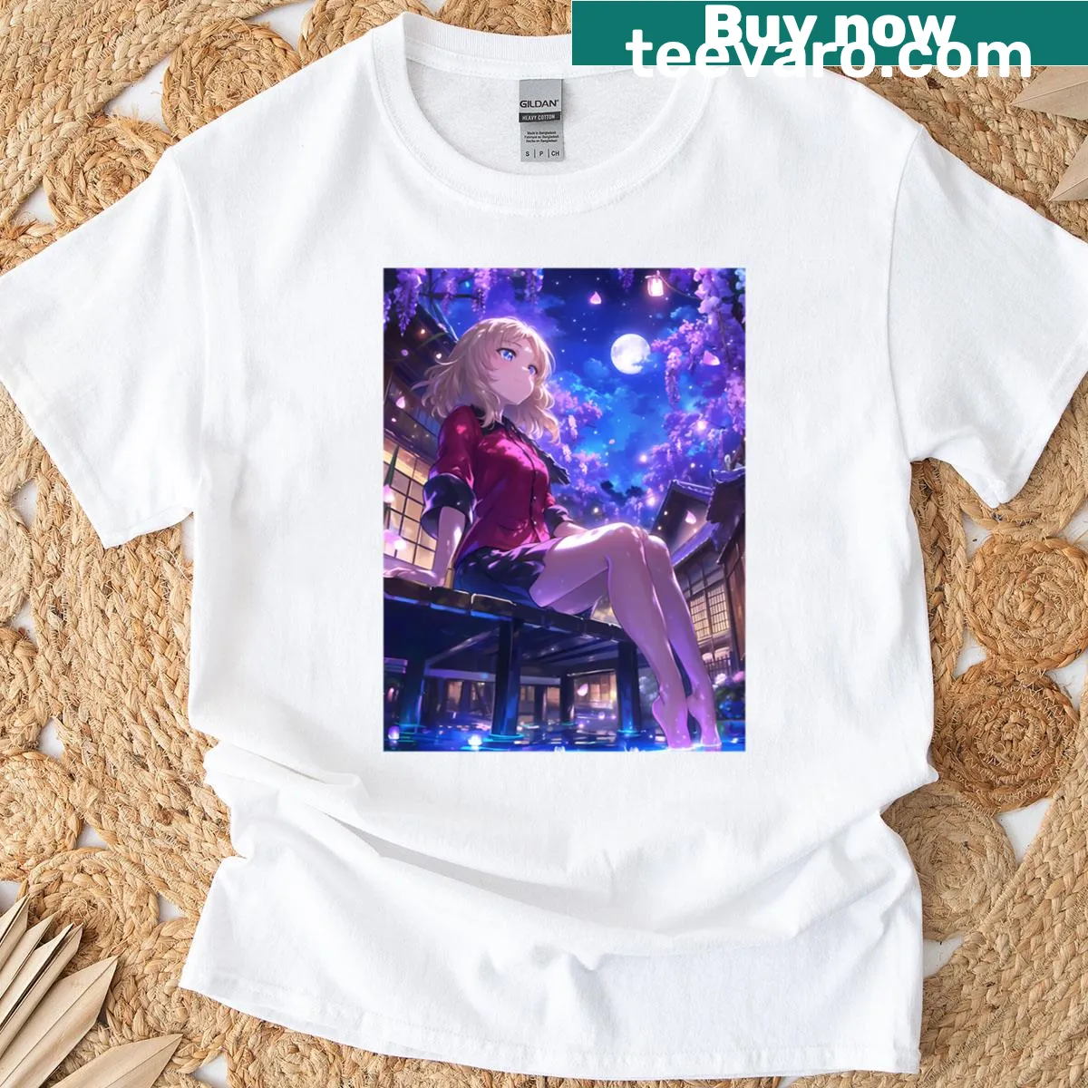 Anime T-shirt featuring Katyusha in a Yukata with wisteria — on a men's t-shirt