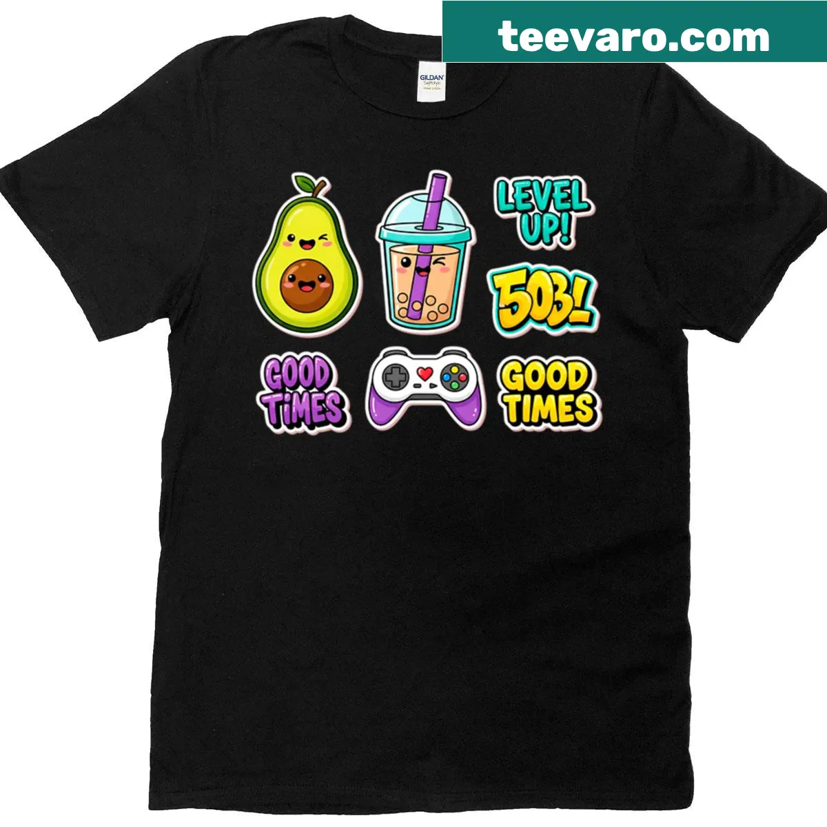 Kawaii T-shirt with avocado bubble tea and game controller stickers — on a men's t-shirt