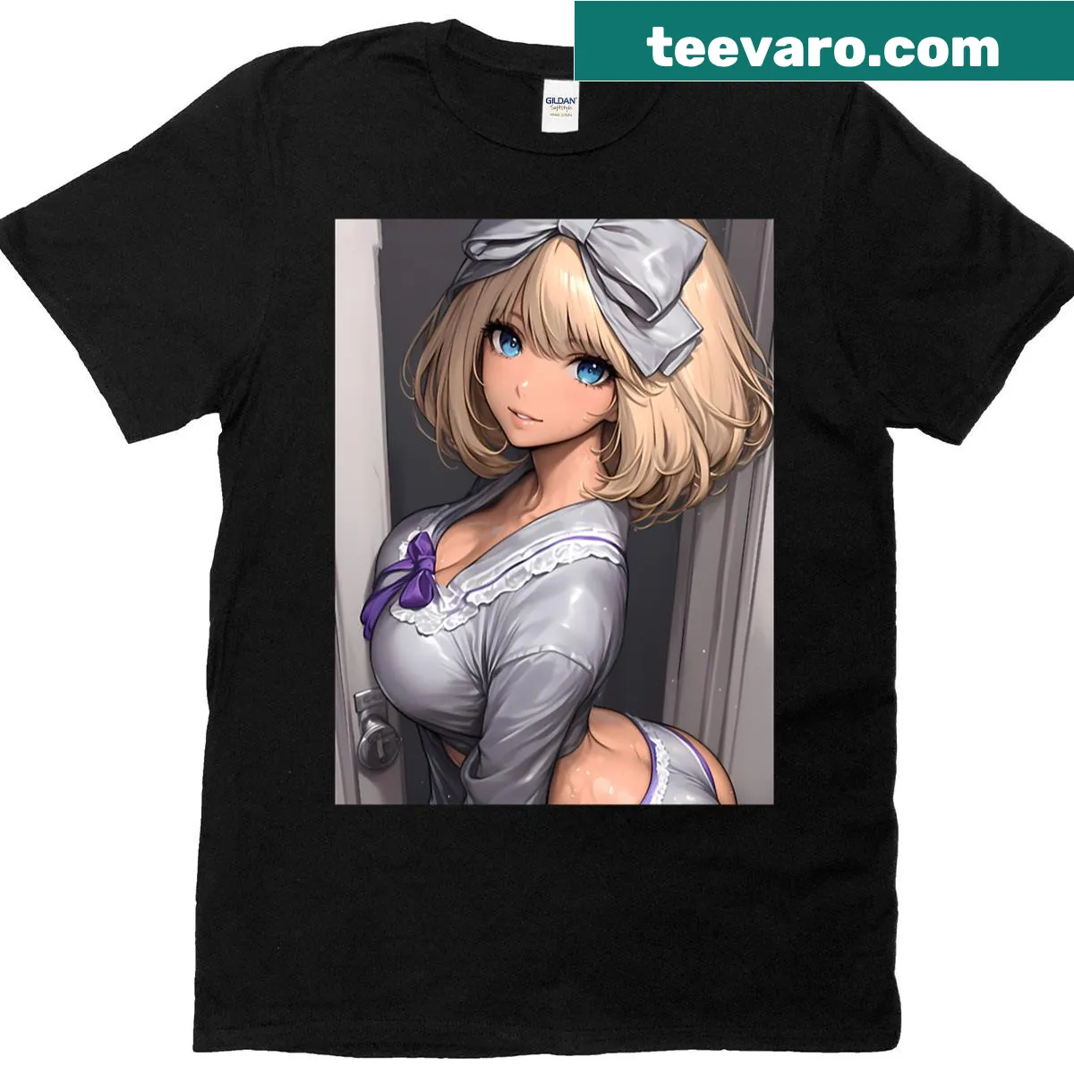 Illustrated T-shirt featuring a girl from Girls Und Panzer with a bold ribbon — on a men's t-shirt