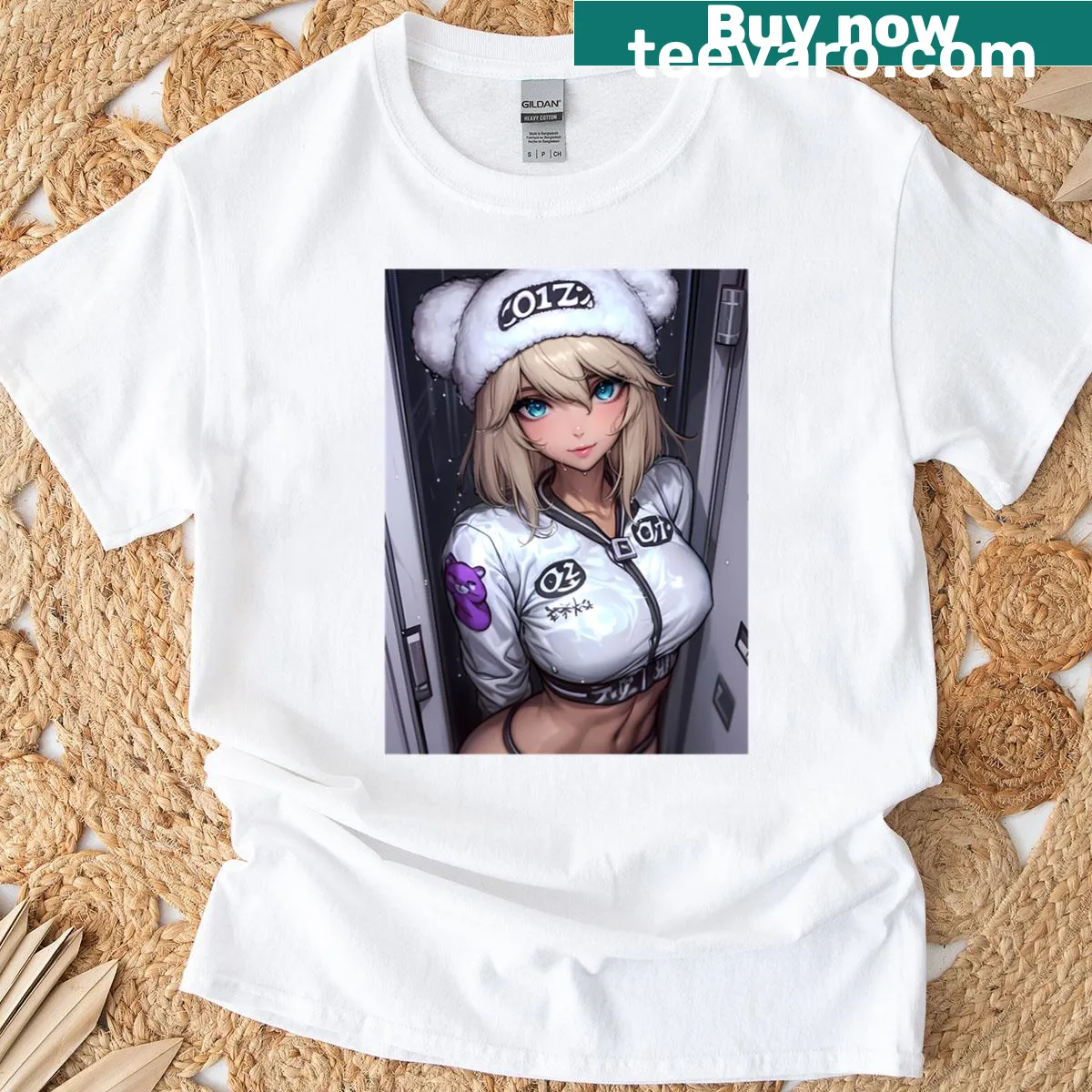 Oversized T-shirt with Girls Und Panzer character illustration — on a men's t-shirt