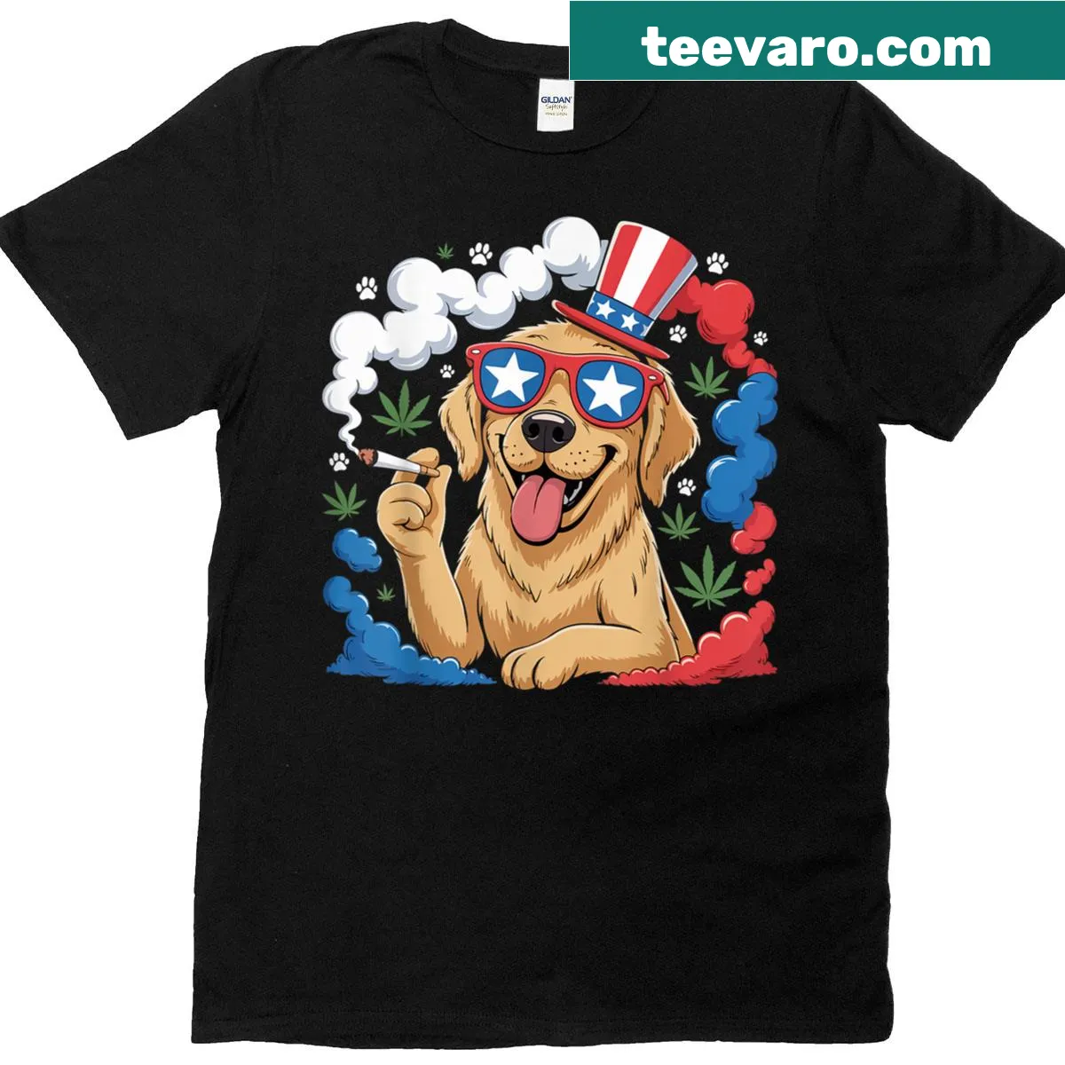 Playful Labrador t-shirt celebrating 4th of July with cannabis theme — on a men's t-shirt
