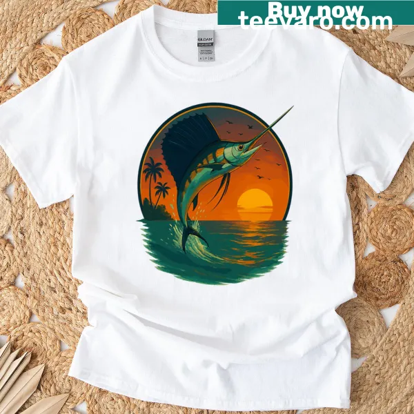 Artistic T-shirt featuring a leaping sailfish and sunset