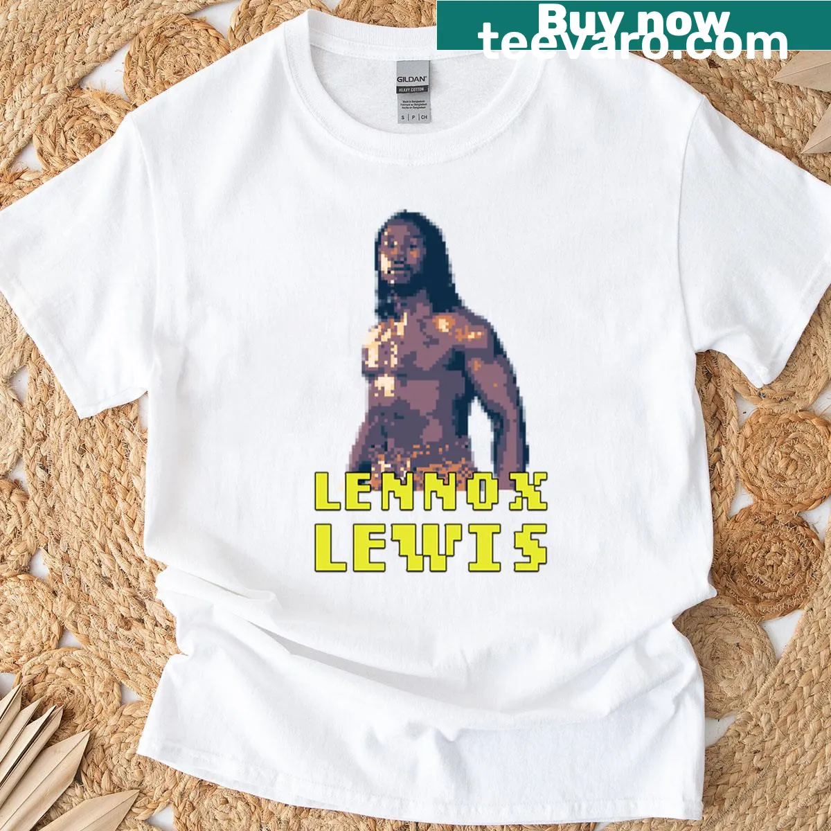 Pixel art graphic of Lennox Lewis in boxing action on oversized t-shirt — on a men's t-shirt