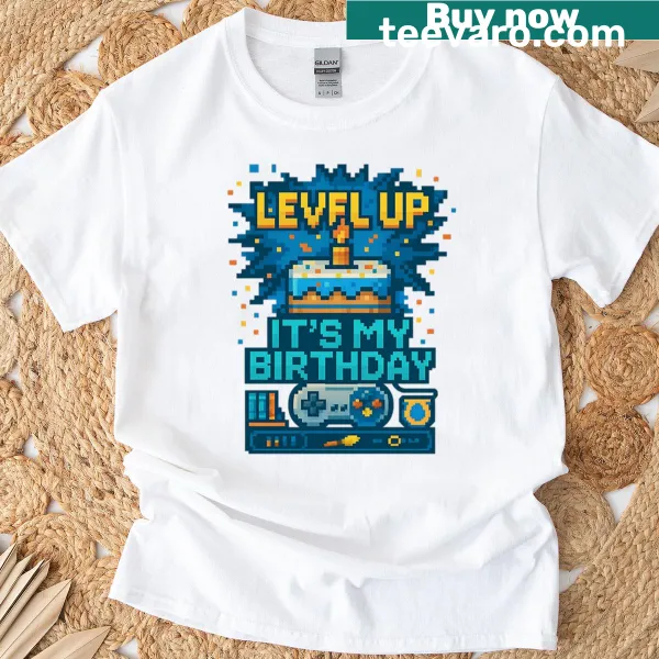 Oversized retro gamer birthday t-shirt with pixel art cake