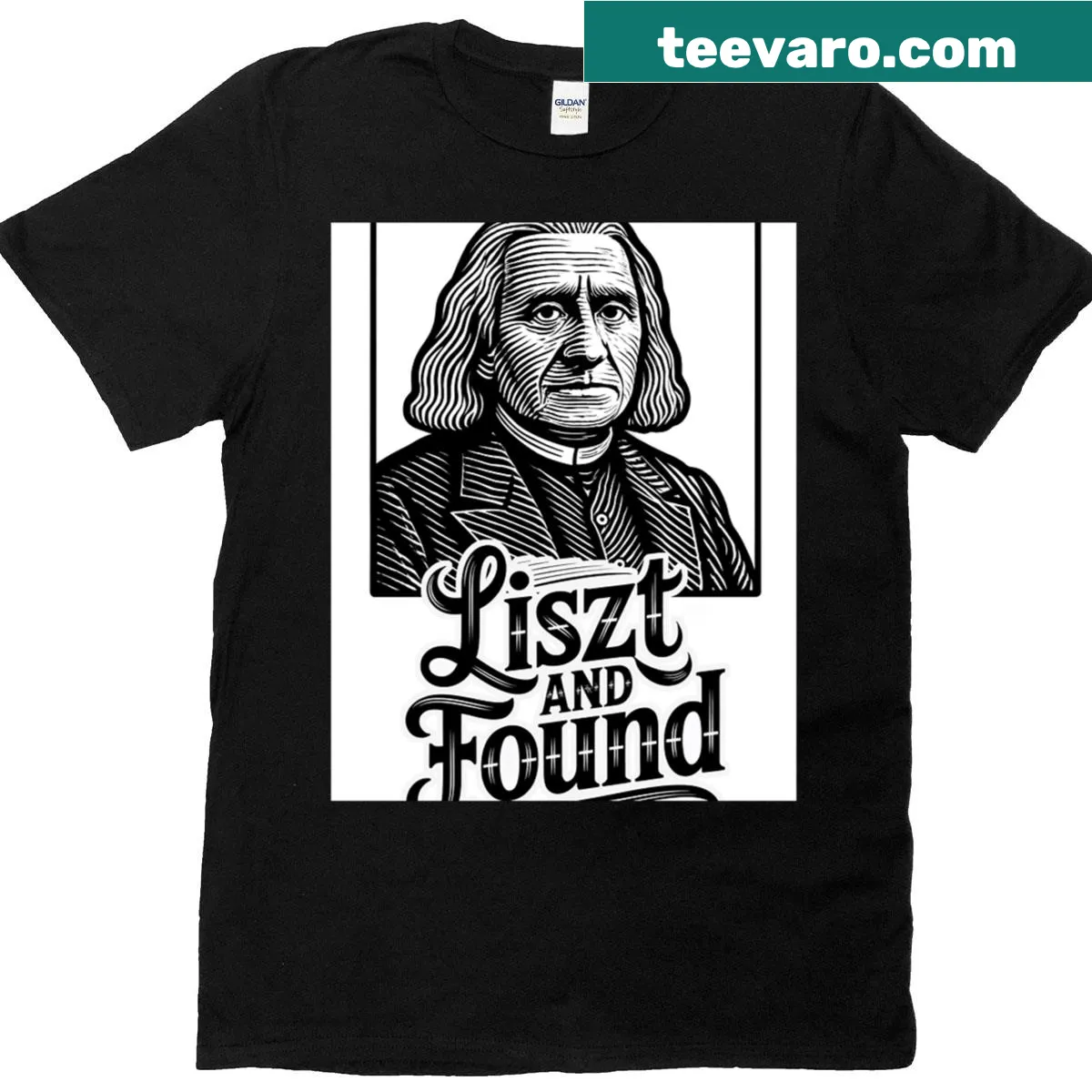 Vintage-style T-shirt with Liszt-themed graphic — on a men's t-shirt
