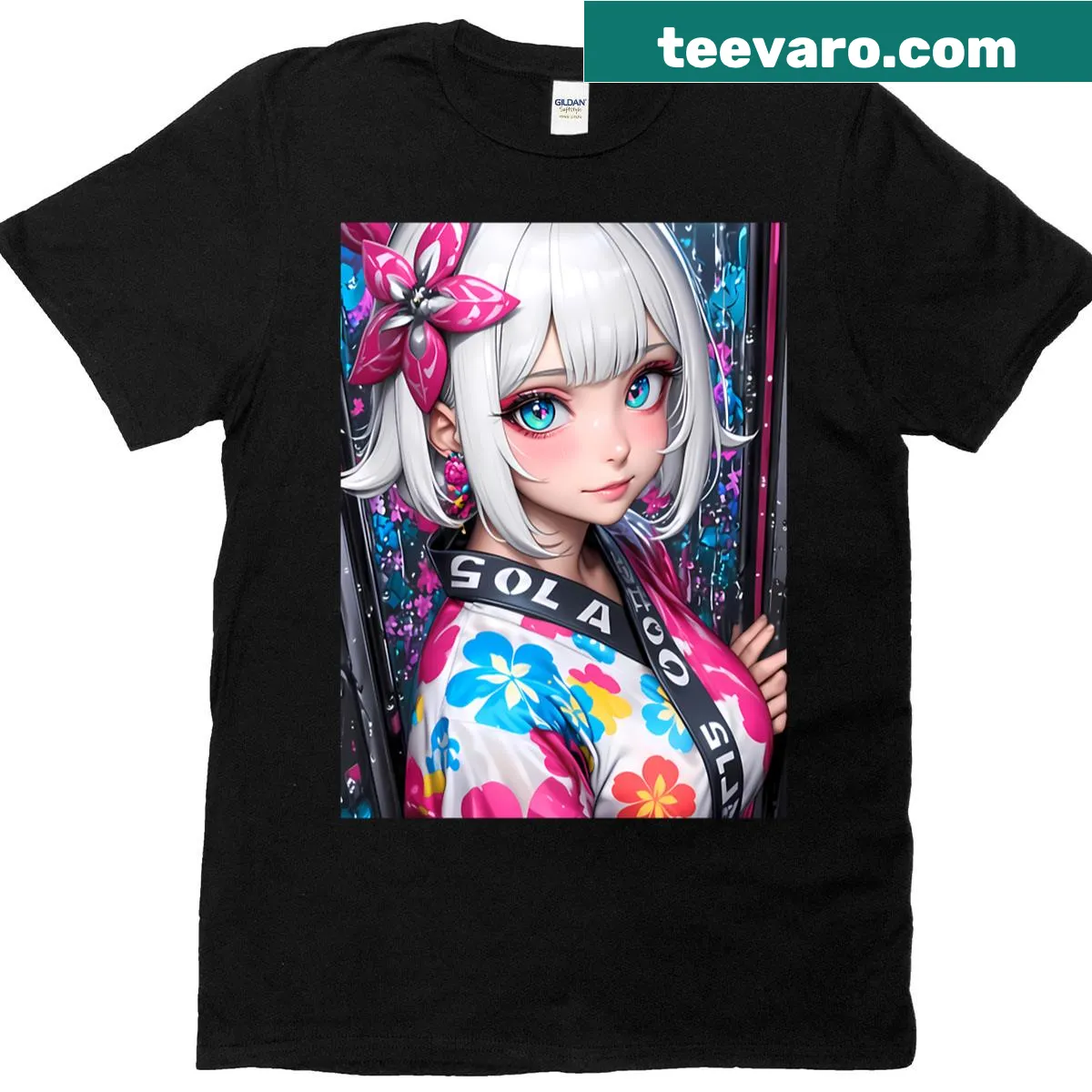 Cute T-shirt featuring Paimon from Genshin Impact in a yukata — on a men's t-shirt