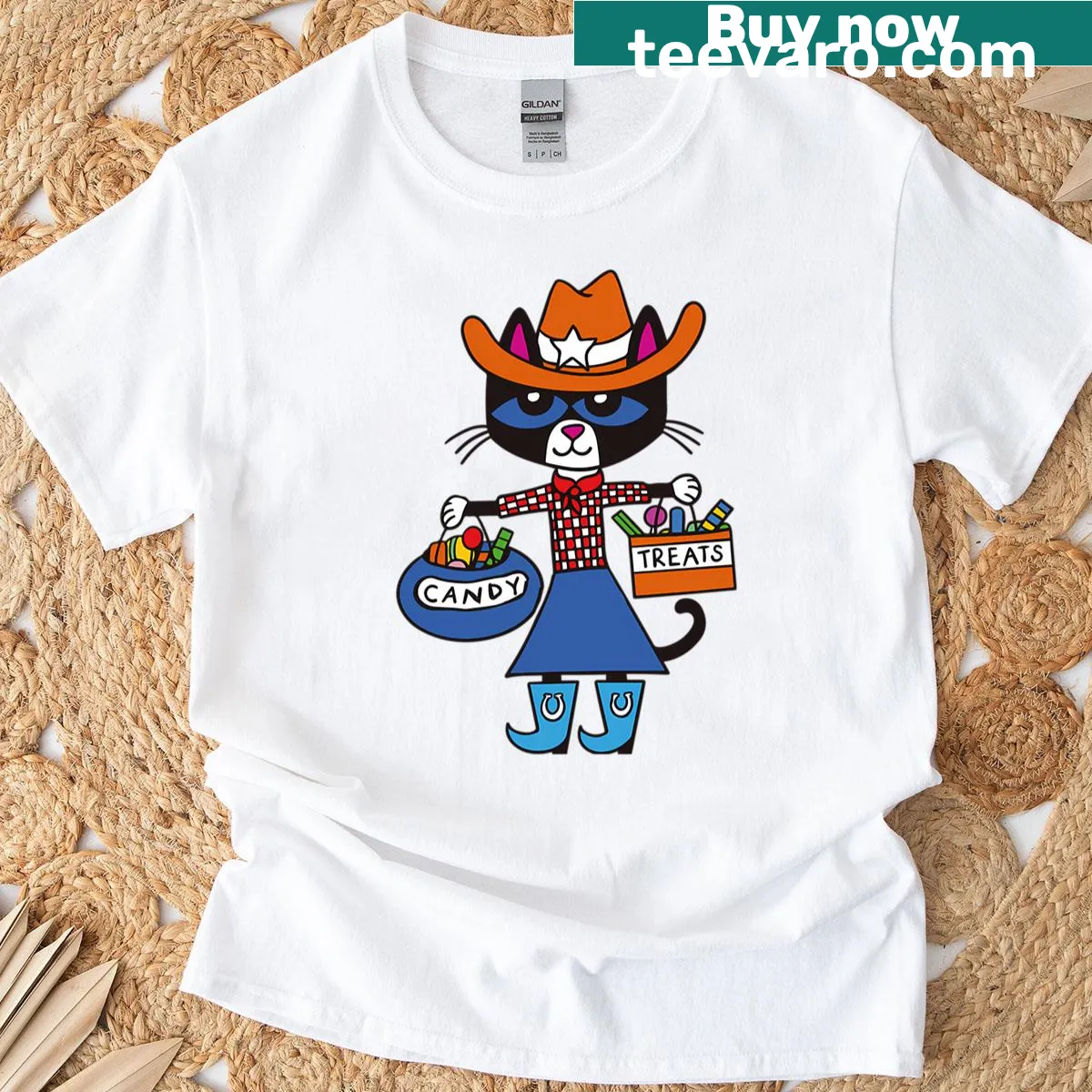Vintage cartoon-style t-shirt with cats, books, and movies — on a men's t-shirt