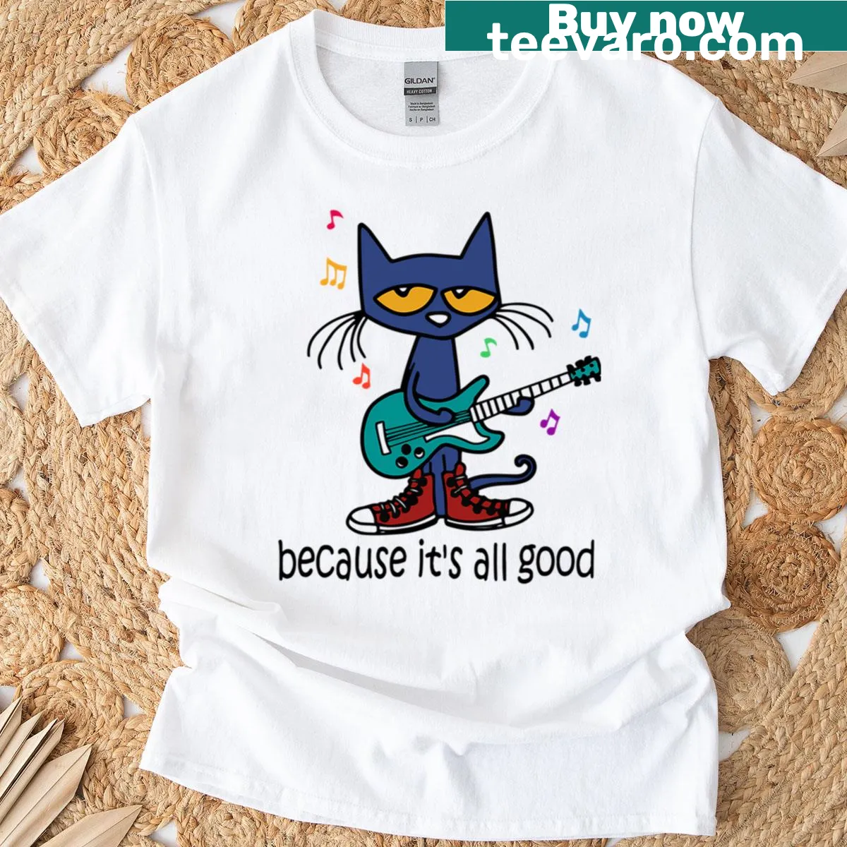 Cartoon-style t-shirt with cats, shoes, books, and movies — on a men's t-shirt