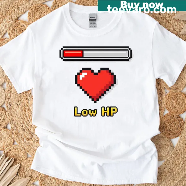 T-shirt with pixel art heart health bar in 8-bit style.