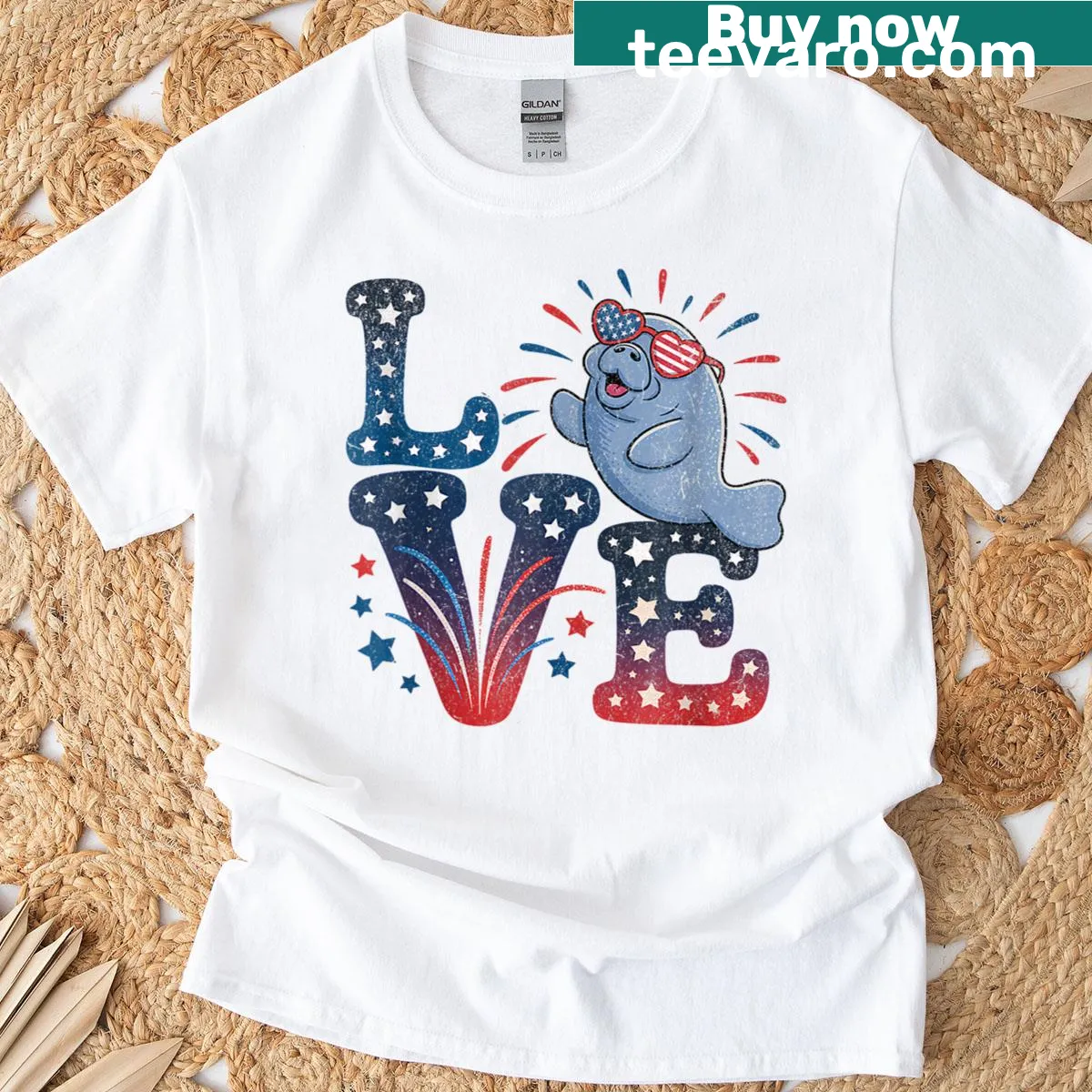 Manatee in sunglasses with fireworks illustration for 4th of July — on a men's t-shirt
